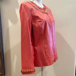 Pamela McCoy Couture Genuine Coral Leather Jacket Size Small with Beaded Accents